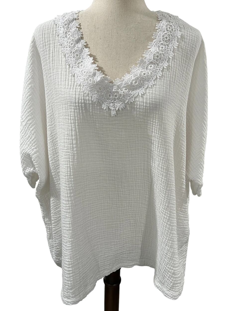 Jones New York 100% Cotton White Waffle Short Sleeve Blouse Plus Size 2X EUC